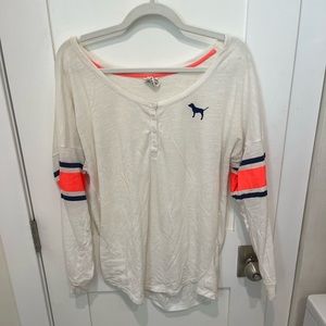 VS PINK long sleeve tee with orange and blue arm stripe